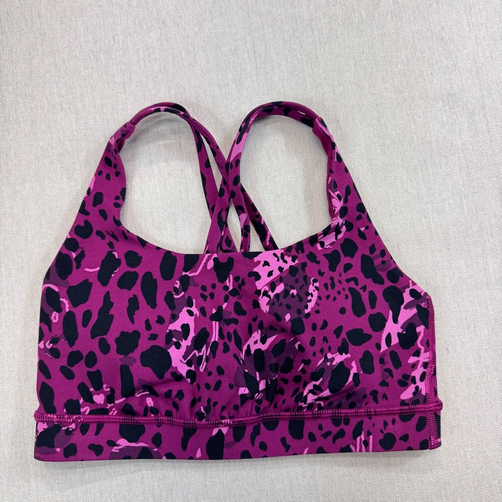 Lululemon Energy Bra Longline Sz 4 Purple Black Leopard Print Criss Cross Strap